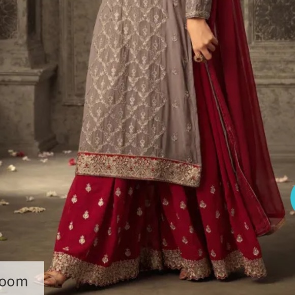 Taupe & maroon lengha dress with plain chiffon scarf - Picture 3 of 9